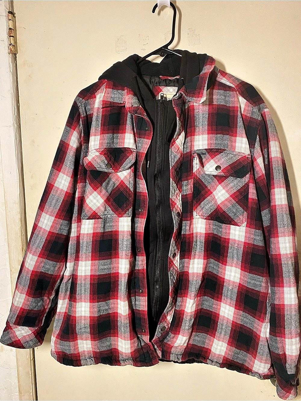 Boston Traders Hooded Plaid Flannel Shirt Jacket Shirt Jacket Red & Black Large